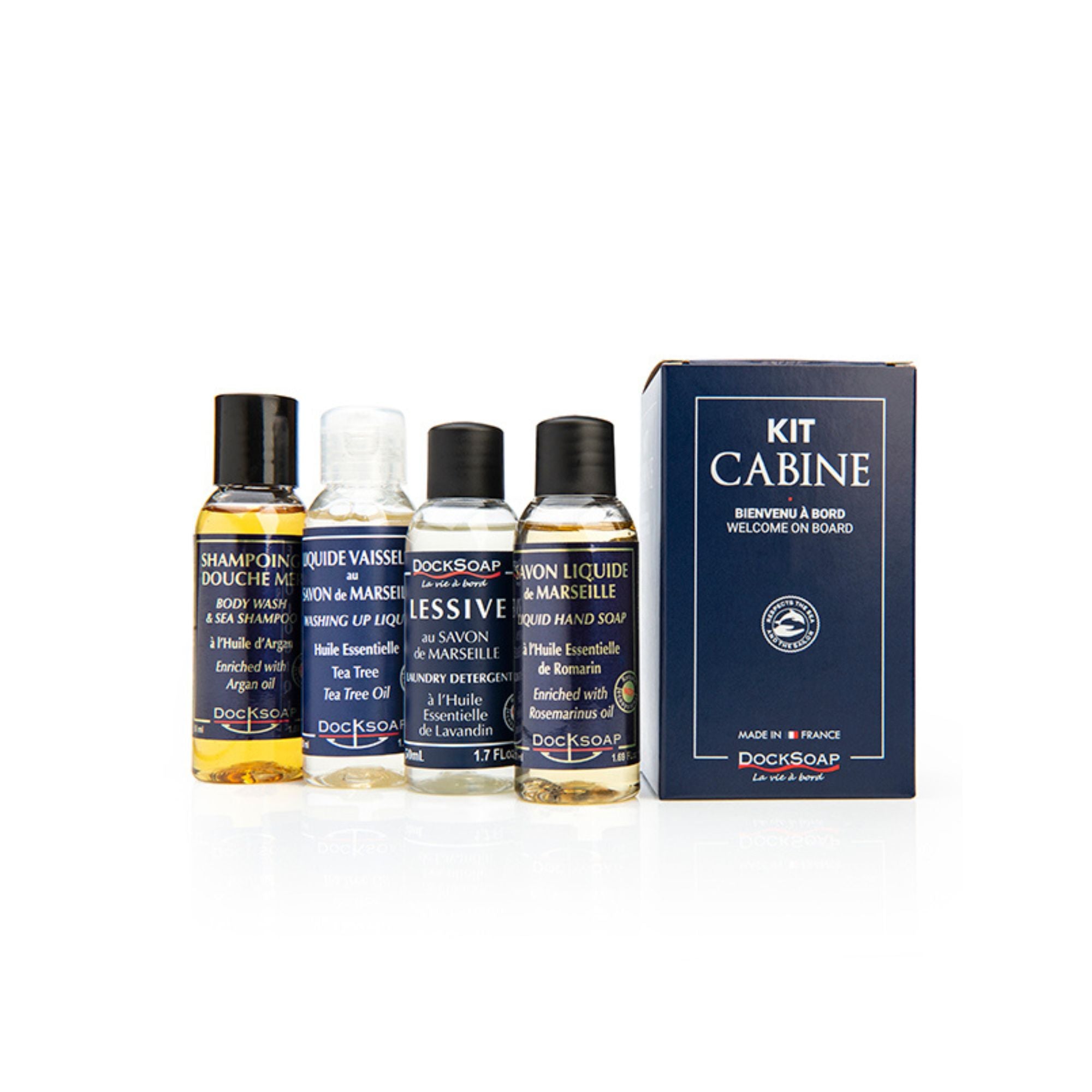Kit Cabine: 4x50ml : savon + shampoing-douche + liquide vaisselle + lessive liquide